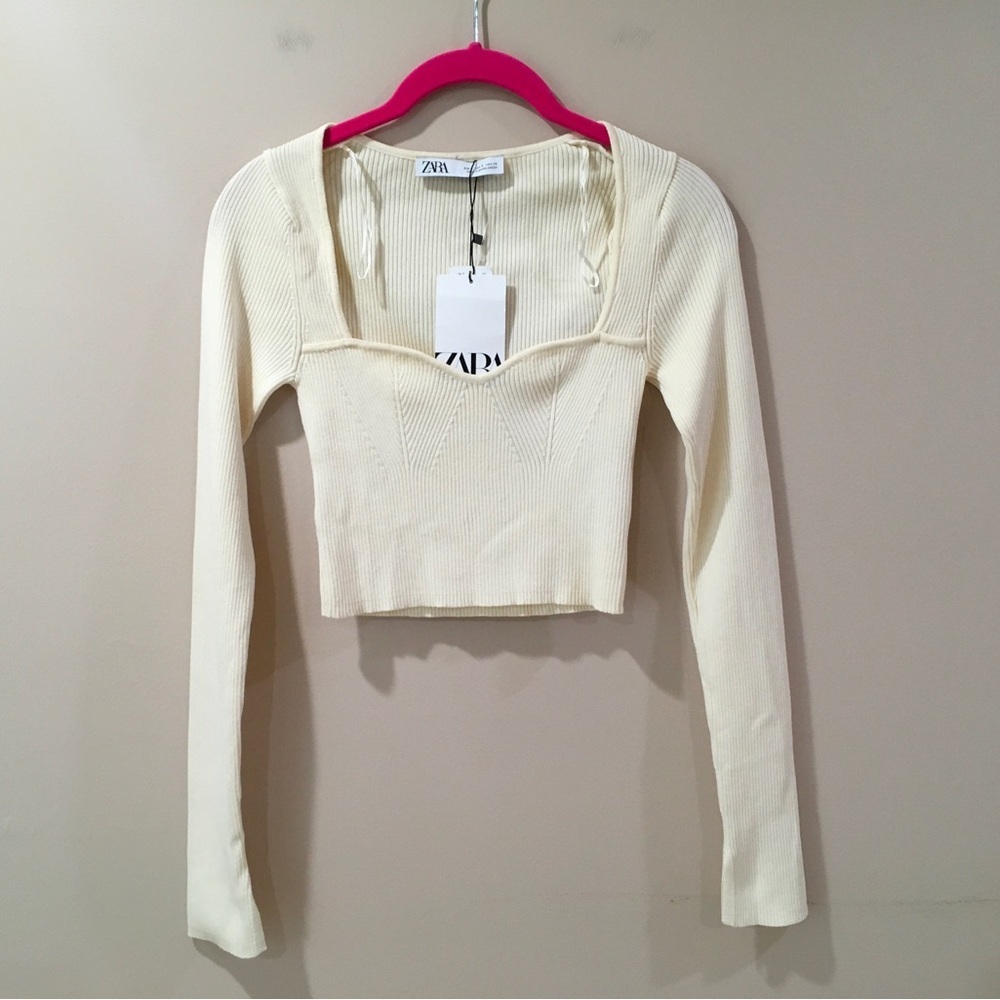 Zara Ribbed Knit Crop Top Cream Long Sleeve Size S Womens NWT New 3519/127
